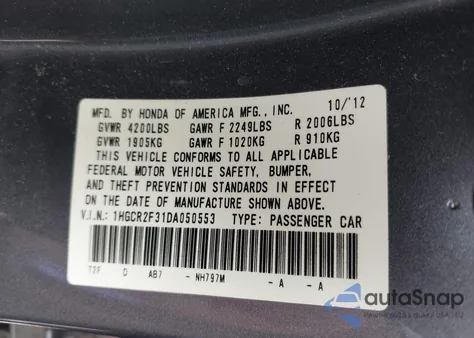 2013 Honda Accord Lx из США, поврежденный, VIN 1HGCR2F31DA050553